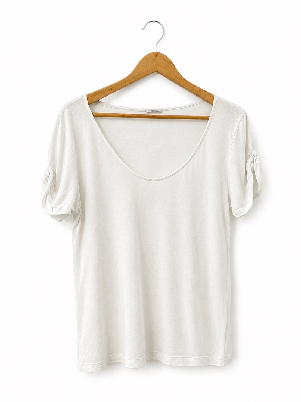 American Vintage Distressed V-Neck Ruched Sleeve Tee Off White M *Vintage*